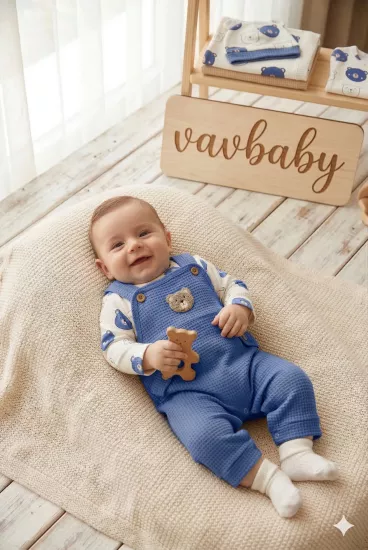 Ayıcık Figürlü Waffle Örme Bebek Salopet Takımı Mavi (Çorap Hediye)