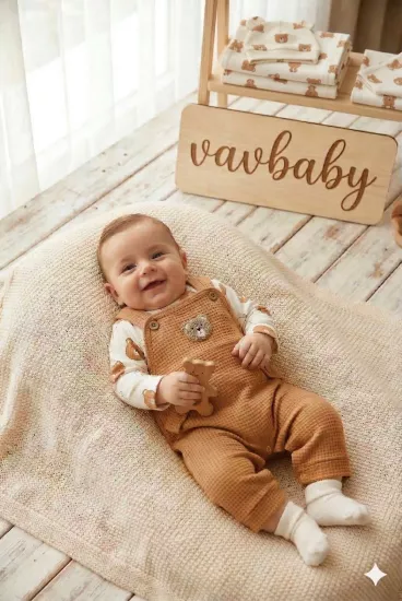 Ayıcık Figürlü Waffle Örme Bebek Salopet Takımı Kahverengi (Çorap Hediye)