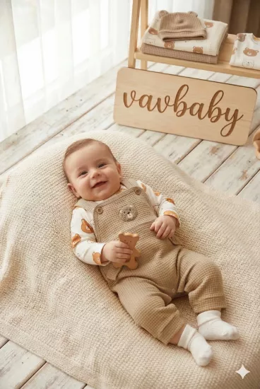 Ayıcık Figürlü Waffle Örme Bebek Salopet Takımı Bej (Çorap Hediye)