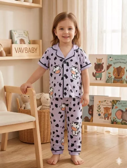 Kız Çocuk Pamuklu Kruvaze Yaka Önden Düğmeli İnek Desenli Mevsimlik Alt Üst Pijama Takım