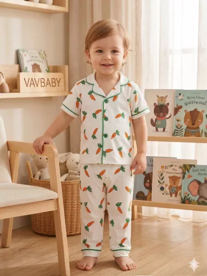 Pamuklu Kruvaze Yaka Önden Düğmeli Havuç Desenli Mevsimlik Alt Üst Pijama Takım (Beyaz)