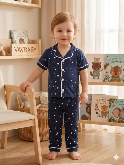 Kız ve Erkek Çocuk Pamuklu Kruvaze Yaka Önden Düğmeli Yıldız Desenli Alt Üst Pijama Takım (Lacivert)