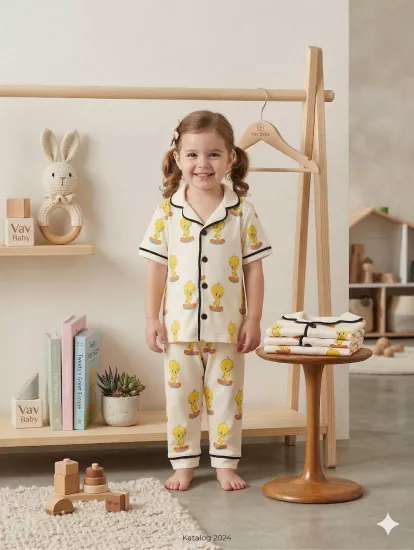Kız Çocuk Pamuklu Kruvaze Yaka Önden Düğmeli Tweety Desenli Alt Üst Pijama Takım (Beyaz)