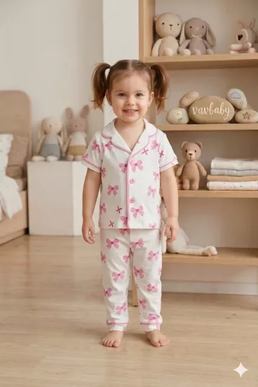 Kız Çocuk Pamuklu Kruvaze Yaka Önden Düğmeli Pembe Kurdale Desenli Mevsimlik Alt Üst Pijama Takım