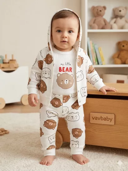 Ayıcık Desenli 3’lü Bebek Takımı - Kapüşonlu Hırka, Zıbın Body ve Alt Pijama Seti Kahverengi