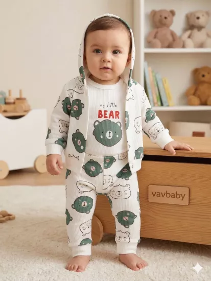 Ayıcık Desenli 3’lü Bebek Takımı - Kapüşonlu Hırka, Zıbın Body ve Alt Pijama Seti Yeşil