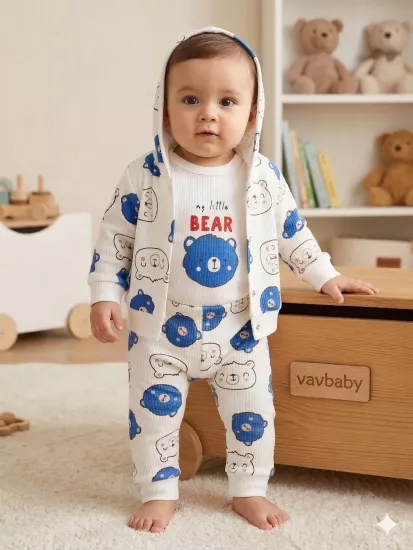 Ayıcık Desenli 3’lü Bebek Takımı - Kapüşonlu Hırka, Zıbın Body ve Alt Pijama Seti Mavi