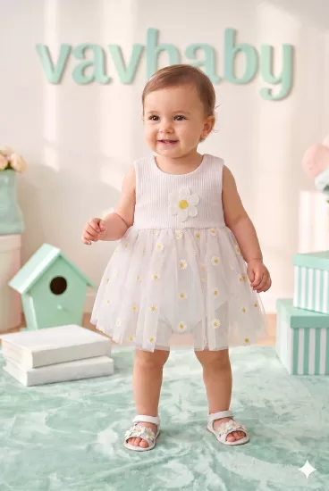 Kız Bebek Papatya Kabartma Desenli Çıtçıtlı Badi Zıbın Tütü Elbise-Beyaz