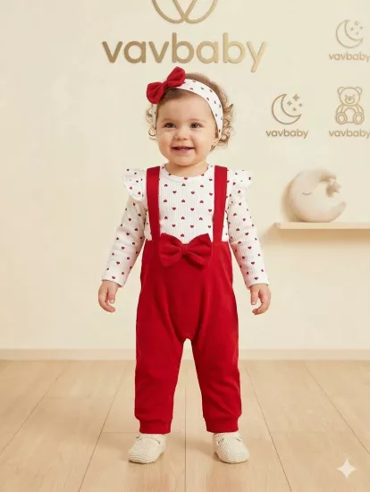 Kız Bebek Kalp Desenli Fırfırlı Body ve Kırmızı Fiyonklu Salopet Tulum ve Bandana Seti