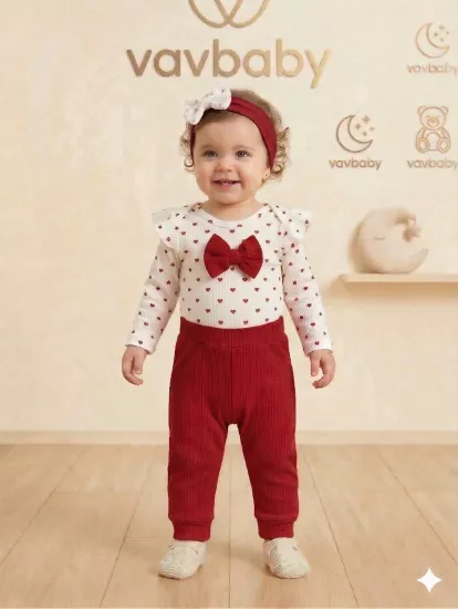 Kız Bebek Kalp Desenli Fiyonklu Çıtçıtlı Zıbın ve Bandanalı Alt Üst 3 lü Takım-Kırmızı