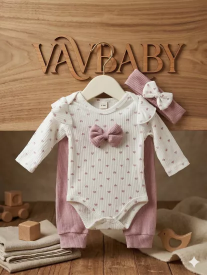 Kız Bebek Kalp Desenli Fiyonklu Çıtçıtlı Zıbın ve Bandanalı Alt Üst 3 lü Takım-Gül Kurusu