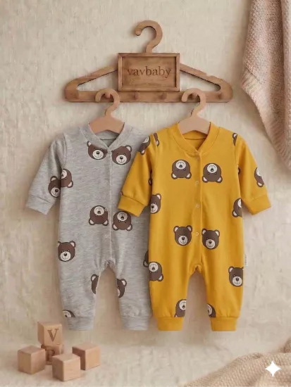 Ayıcık Desenli Pamuklu Bebek Tulum Seti - 2’li Paket (Sarı-Gri)