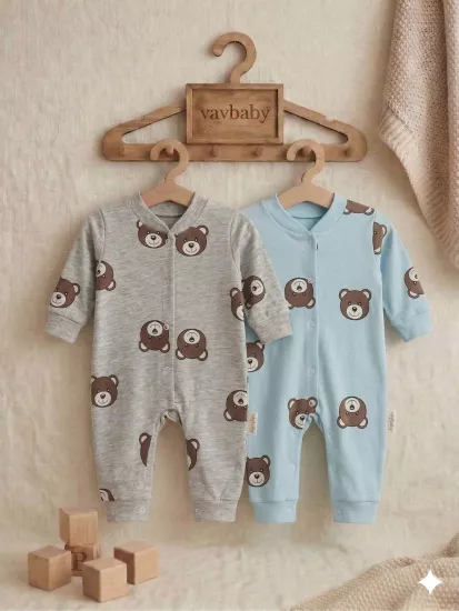Ayıcık Desenli Pamuklu Bebek Tulum Seti - 2’li Paket (Mavi-Gri)