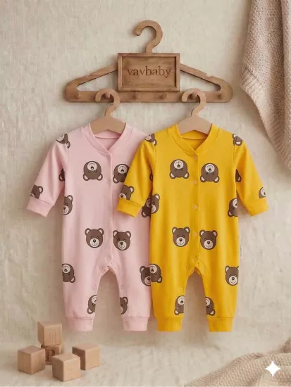 Ayıcık Desenli Pamuklu Bebek Tulum Seti - 2’li Paket (Sarı-Pembe)
