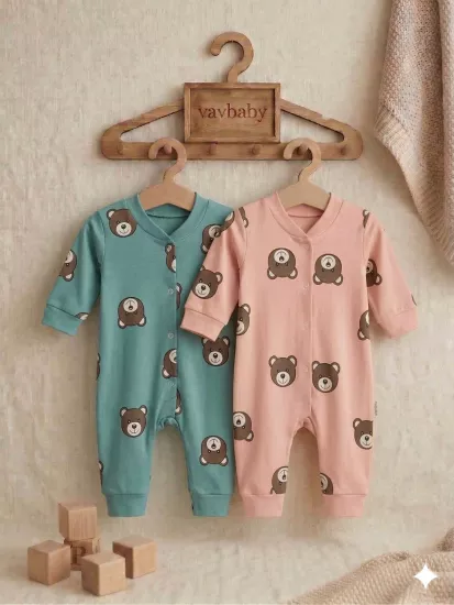 Ayıcık Desenli Pamuklu Bebek Tulum Seti - 2’li Paket (Pembe-Yeşil)