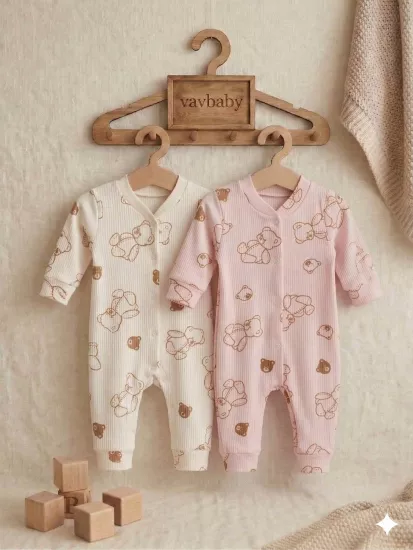 Ayıcık Desenli Pamuklu Raporlu Kumaş Bebek Tulum Seti - 2’li Paket (Beyaz-Pembe)