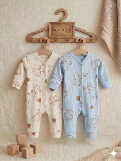Ayıcık Desenli Pamuklu Raporlu Kumaş Bebek Tulum Seti - 2’li Paket (Beyaz-Mavi)