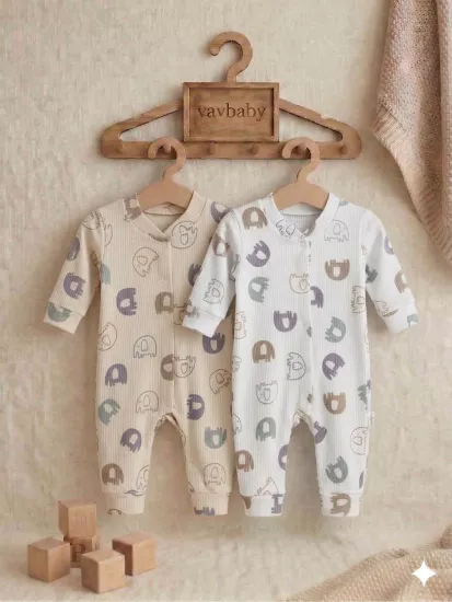 Fil Desenli Pamuklu Raporlu Kumaş Bebek Tulum Seti - 2’li Paket (Beyaz-Bej)