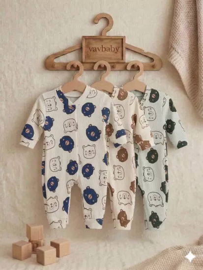 Sevimli Ayıcık Desenli Pamuklu Raporlu Kumaş Bebek Tulum Seti - 3’lü Paket (Mavi-Yeşil-Kahverengi)