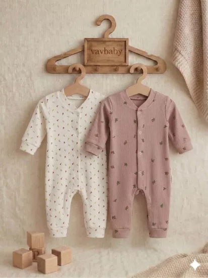 Lale Desenli Pamuklu Raporlu Kumaş Bebek Tulum Seti - 2’li Paket (Beyaz-Gül Kurusu)