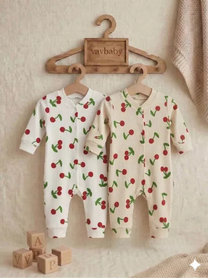  Büyük Kiraz Desenli Pamuklu Raporlu Kumaş Bebek Tulum Seti - 2’li Paket (Beyaz-Krem)
