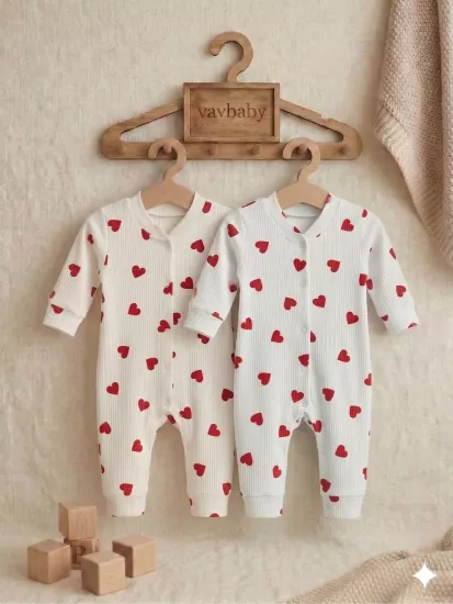 Kalp Desenli Pamuklu Raporlu Kumaş Bebek Tulum Seti - 2’li Paket (Beyaz-Ekru)