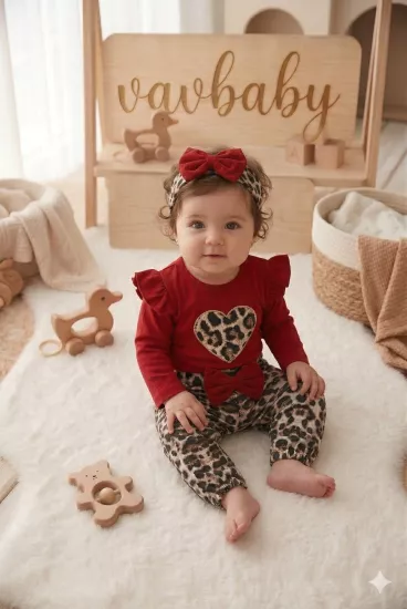 Kız Bebek Leopar Desenli ÇıtÇıt Zıbın Model Kalp Figürlü Bandanalı 3’lü Takımı