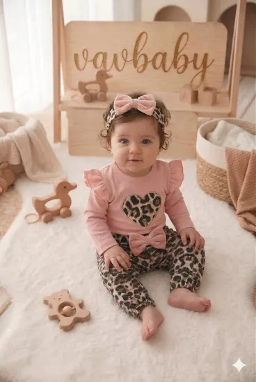 Kız Bebek Leopar Desenli ÇıtÇıt Zıbın Model Kalp Figürlü Bandanalı 3’lü Takımı