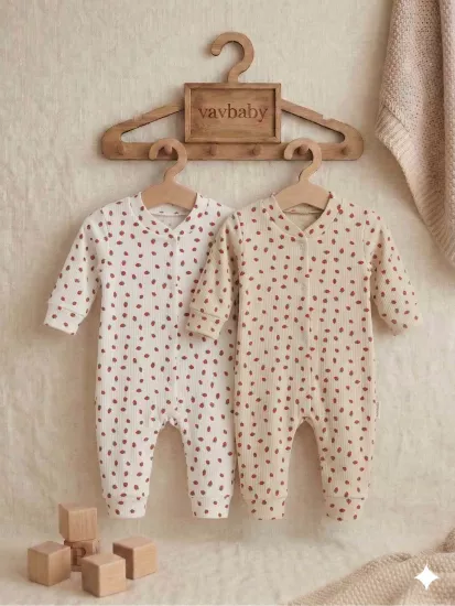 Çilek Desenli Pamuklu Raporlu Kumaş Bebek Tulum Seti - 2’li Paket (Beyaz-Krem)