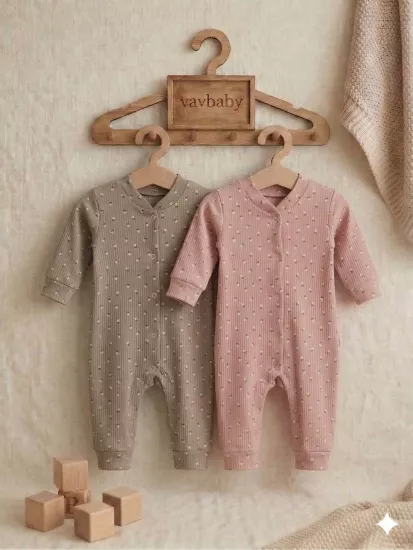 Papatya Desenli Pamuklu Raporlu Kumaş Bebek Tulum Seti - 2’li Paket (Kahverengi-Gül Kurusu)