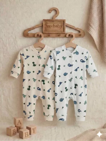 Dinazor Desenli Pamuklu Raporlu Kumaş Bebek Tulum Seti - 2’li Paket (Beyaz-Ekru)