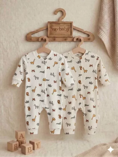 Animals Desenli Pamuklu Raporlu Kumaş Bebek Tulum Seti - 2’li Paket (Beyaz-Ekru)