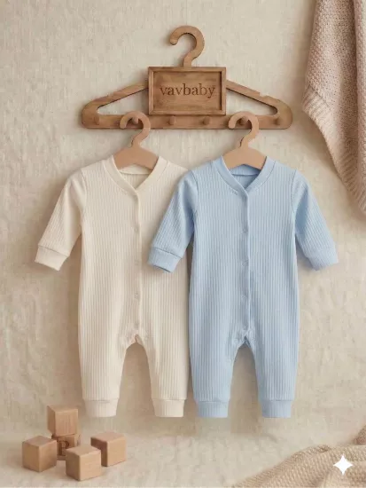 Erkek Bebek Pamuklu Raporlu Kumaş Bebek Tulum Seti - 2’li Paket (Beyaz-Mavi)