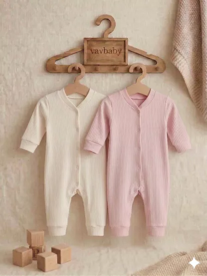 Kız Bebek Pamuklu Raporlu Kumaş Bebek Tulum Seti - 2’li Paket (Beyaz-Pembe)