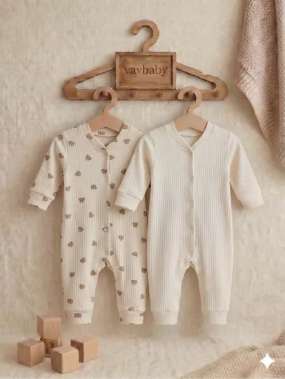 Ayıcık ve Düz Desenli Pamuklu Raporlu Kumaş Bebek Tulum Seti - 2’li Paket (Beyaz-Bej)
