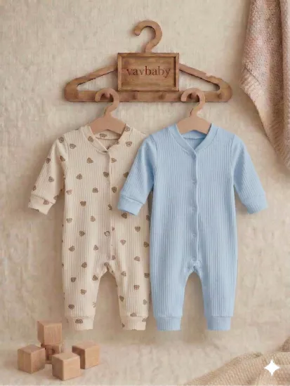 Ayıcık ve Düz Desenli Pamuklu Raporlu Kumaş Bebek Tulum Seti - 2’li Paket (Mavi-Bej)