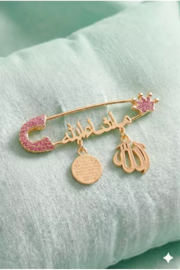 Lüks Taşlı Maşallah Yazılı Nazar İğnesi - Pembe