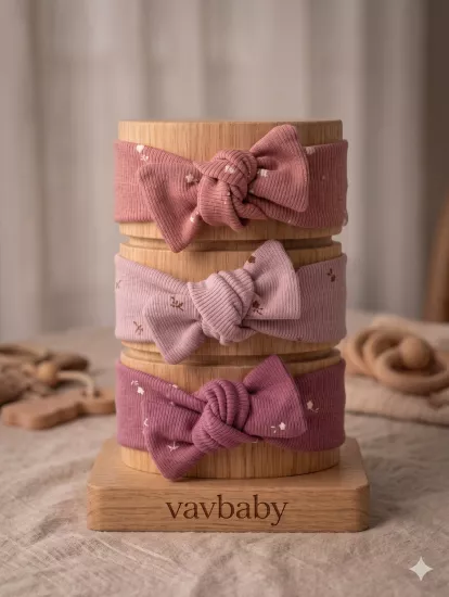 Kız Bebek 3’lü Ribana Fiyonklu Bandana Seti - Gül kurusu