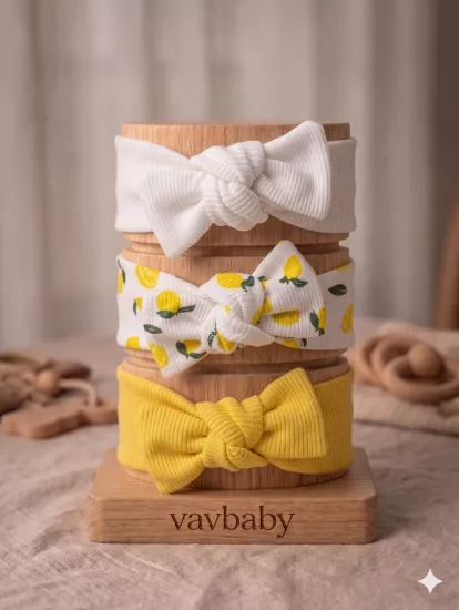 Kız Bebek 3’lü Ribana Fiyonklu Bandana Seti - Sarı