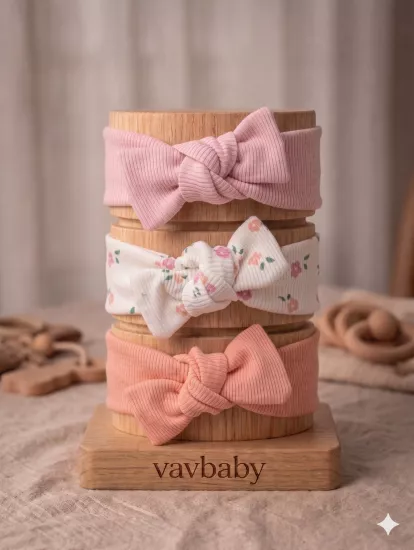Kız Bebek 3’lü Ribana Fiyonklu Bandana Seti - Somon
