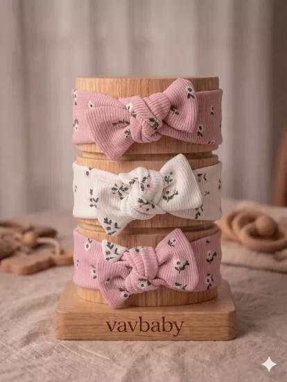 Kız Bebek 3’lü Ribana Fiyonklu Bandana Seti - Pembe