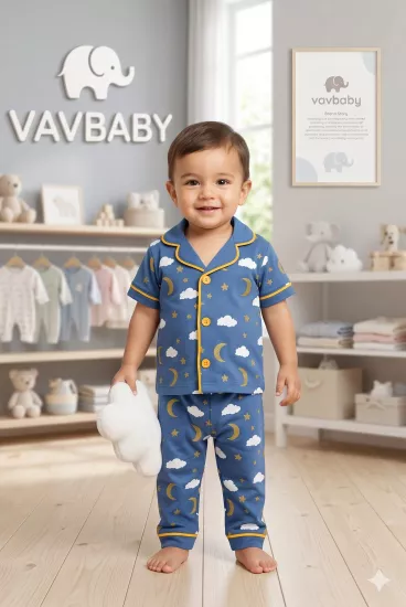 Pamuklu Kruvaze Yaka Önden Düğmeli Bulut-Ay Desenli Mevsimlik Alt Üst Pijama Takım-Mavi
