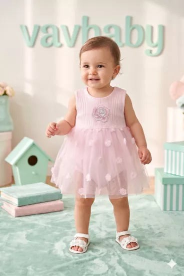 Kız Bebek Gül Nakışlı Tül Detaylı Tütü Elbise Pembe