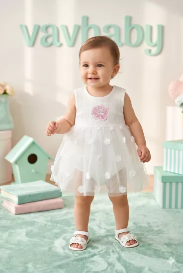 Kız Bebek Gül Nakışlı Tül Detaylı Tütü Elbise Beyaz