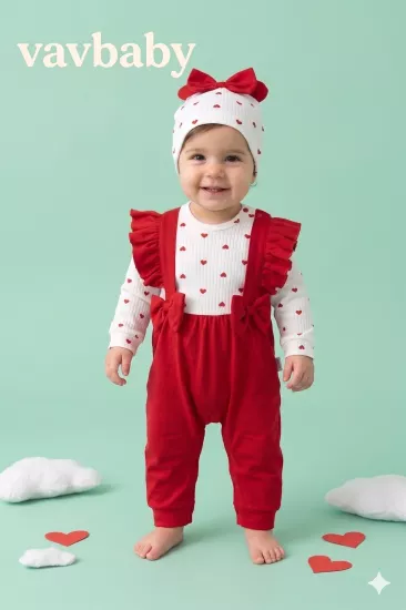 Kız Bebek Kalp Desenli Fiyonklu Fırfırlı Bebek Salopet Tulum ve Bere