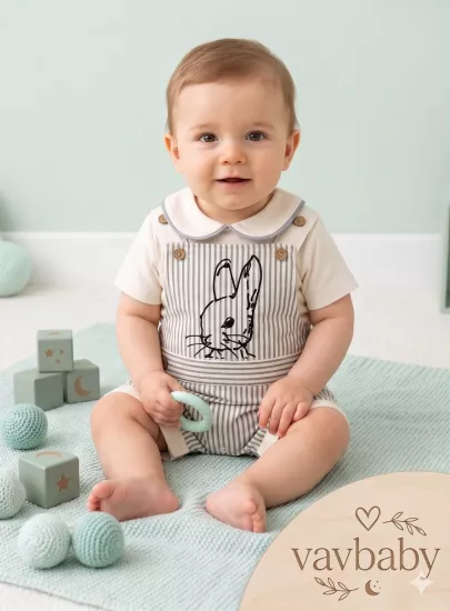 Erkek Çocuk Çizgili Tavşan Figürlü Bebe Yaka Erkek Bebek Salopet Tulum
