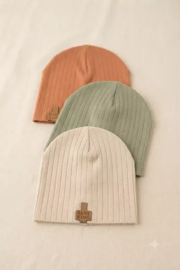Organik Pamuklu, Yumuşak Dokulu, Ribanalı Düz Model 3’lü Set Unisex Bebek Şapkası-Kiremit-Yeşil-Krem