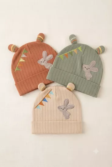 Organik Pamuklu, Yumuşak Dokulu, Ribanalı Tavşan Model 3’lü Set Unisex Bebek Şapkası (Kiremit-Yeşil-Krem)