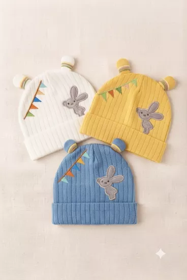 Organik Pamuklu, Yumuşak Dokulu, Ribanalı Tavşan Model 3’lü Set Unisex Bebek Şapkası (Beyaz-Sarı-Mavi)