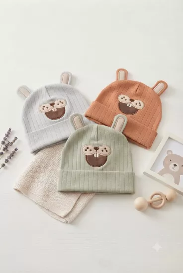 Organik Pamuklu, Yumuşak Dokulu, Ribanalı Köstebek Model 3’lü Set Unisex Bebek Şapkası (Kiremit-Yeşil-Gri)